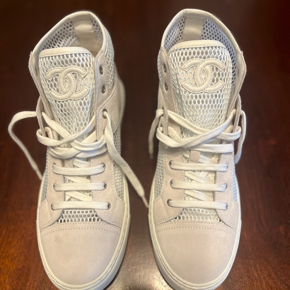 CHANEL Cream Mesh High-Top Sneakers